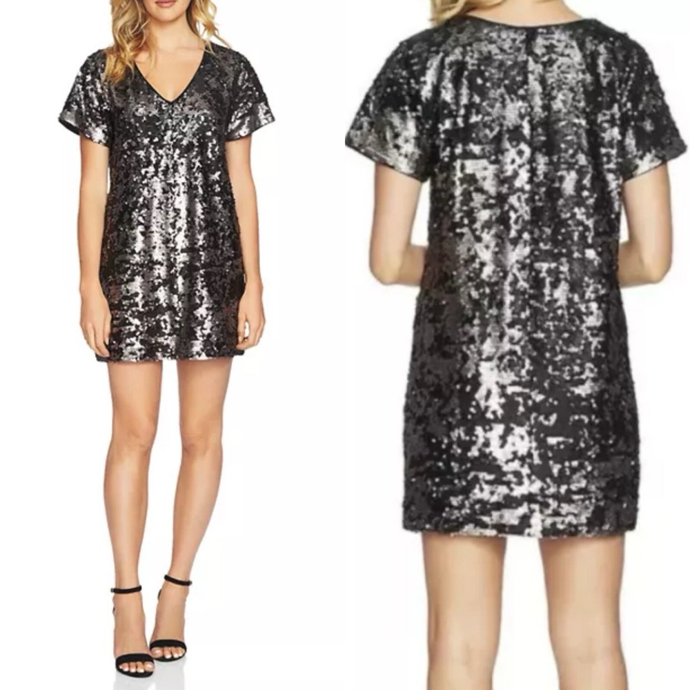 1.State Womens Medium Lustre Sequin Lined Mini Shift Dress Black Sz Small